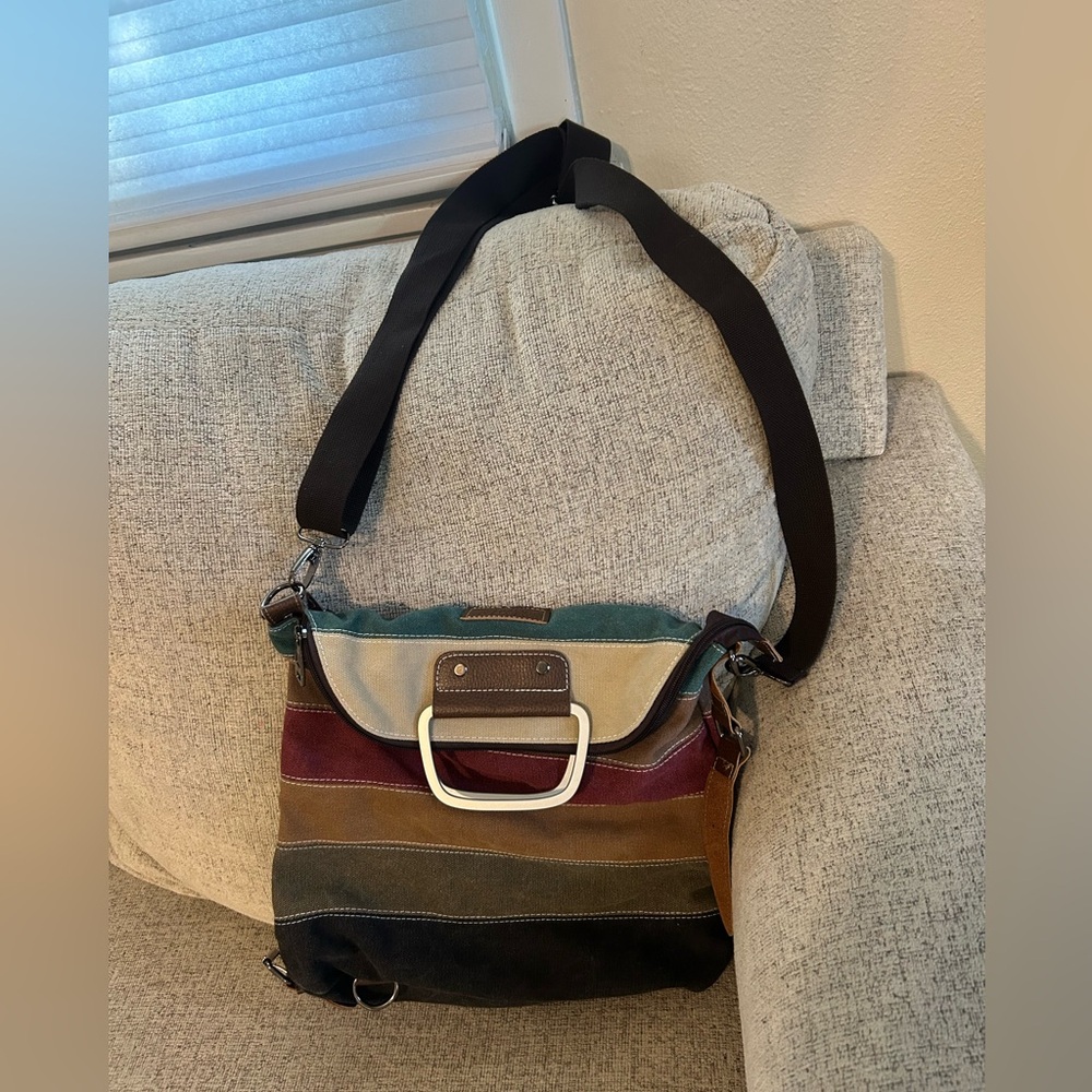 Boho Striped Multicolor Canvas Tote   Adjustable Strap Metal Handles Manjianghon